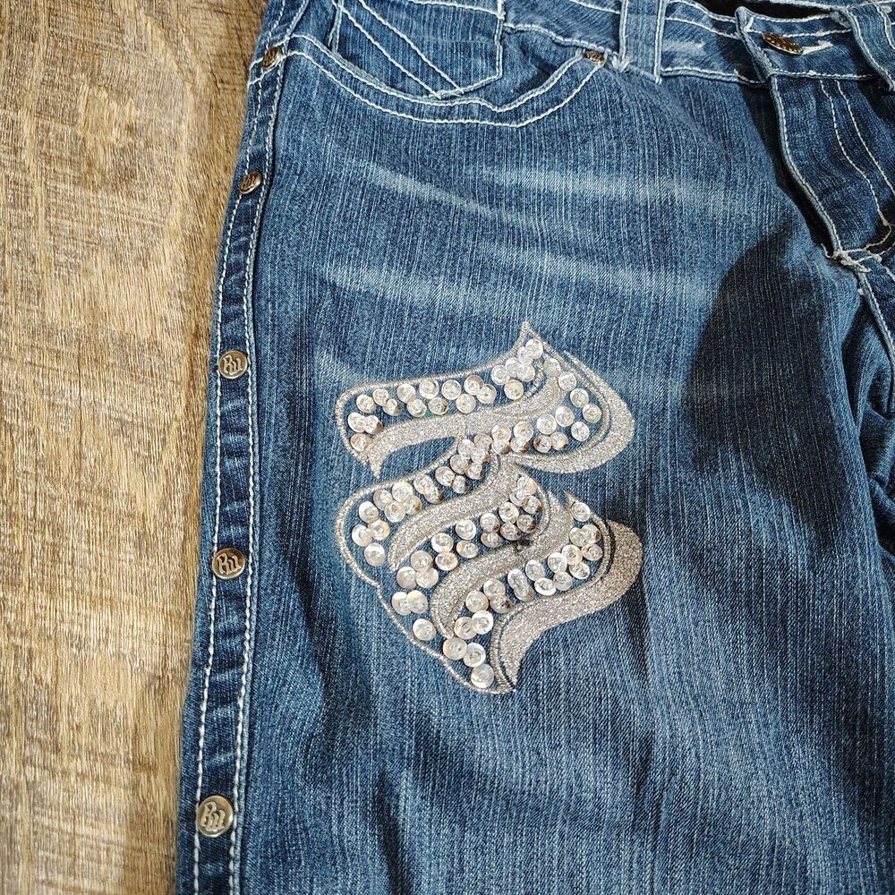 Rocawear Women's Denim Jeans Size 9 Flare Leg Sequins Studded Y2K Streetwear - Picture 4 of 12